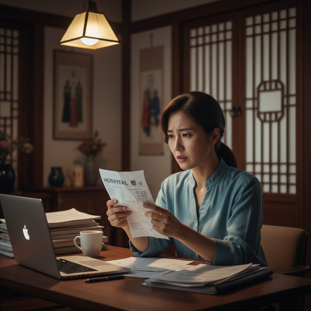 병원비 영수증을 보고 걱정하는 여성의 모습, 실손의료비실비 가입 필요성