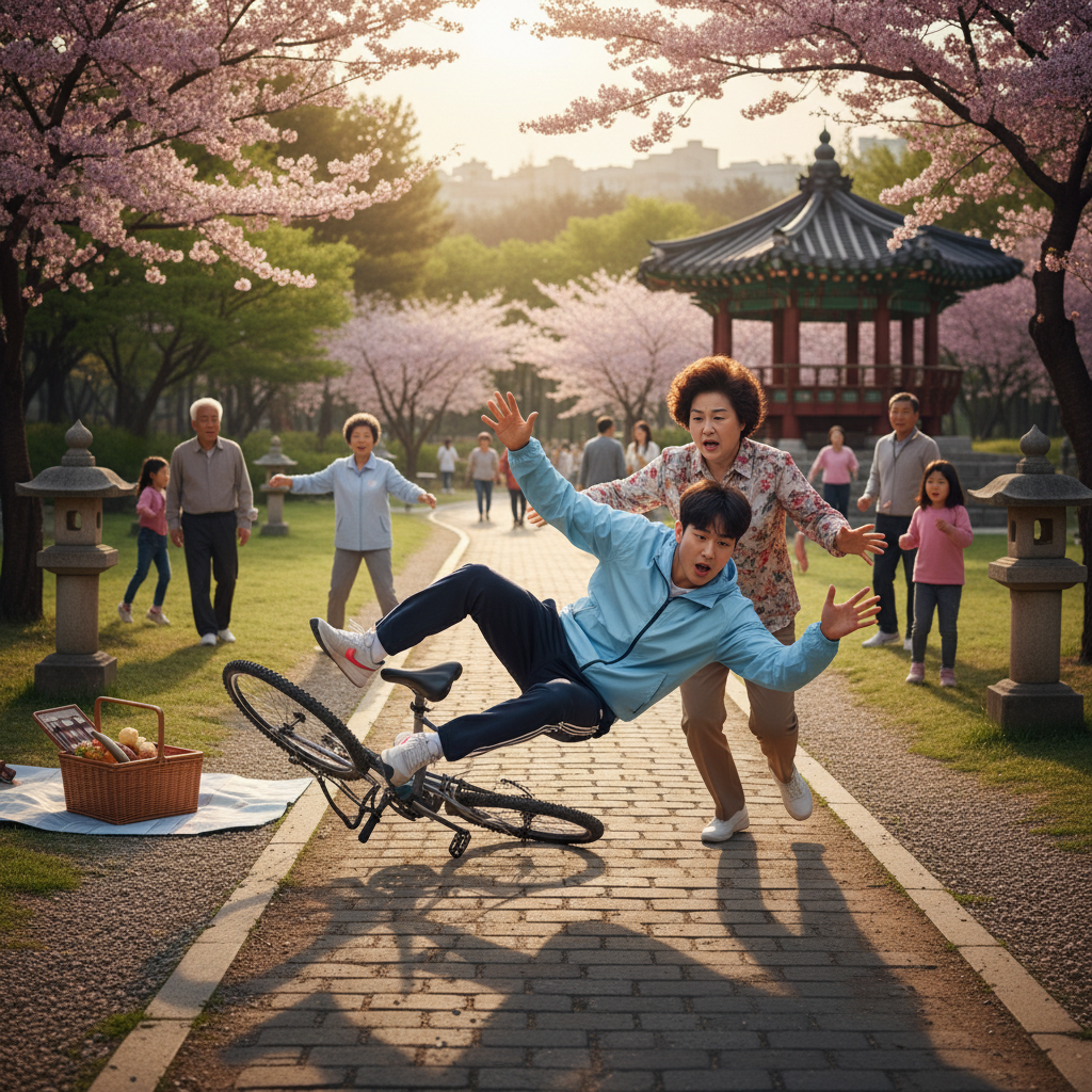 자전거 사고로 넘어진 아이를 돌보는 엄마의 모습