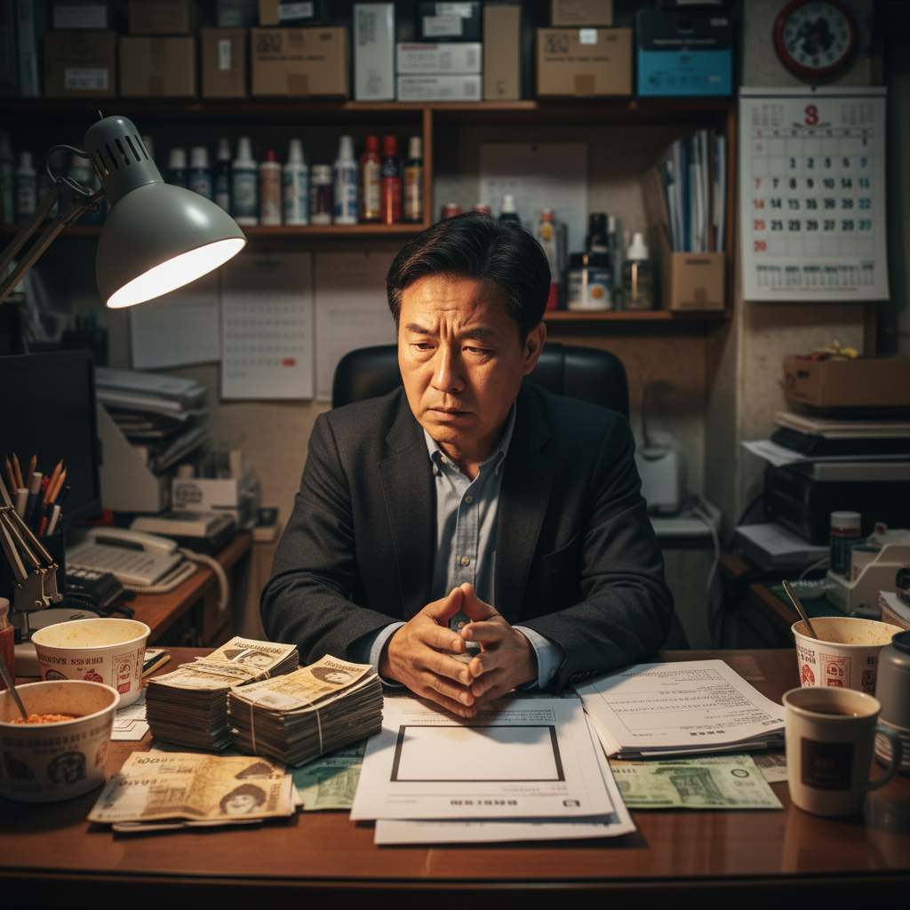 걱정스럽게 손해배상 청구서를 보고 있는 사업주