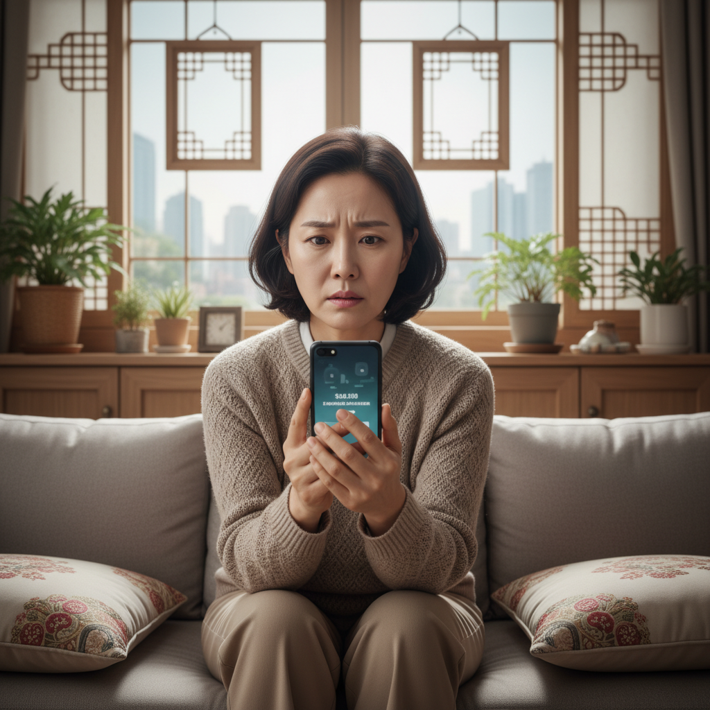 노후 준비에 대한 걱정으로 스마트폰을 보는 한국 여성
