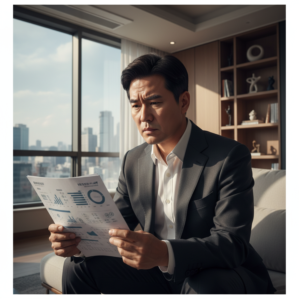 건강검진 결과지를 보고 걱정하는 남성 (심혈관진단비의 필요성) 건강검진 결과지를 보고 걱정하는 남성 (심혈관진단비의 필요성)