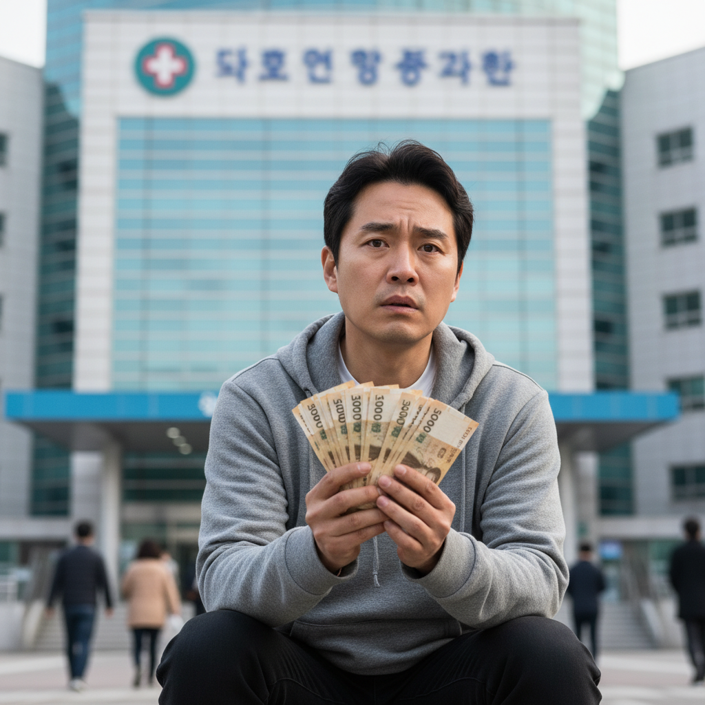 병원비에 걱정하는 사람의 모습, 건강체보험의 필요성을 나타냄 병원비에 걱정하는 사람의 모습, 건강체보험의 필요성을 나타냄