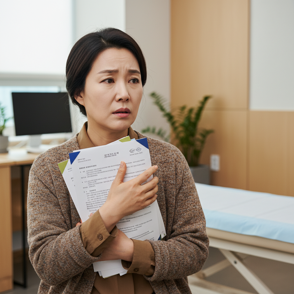 병원 서류를 들고 걱정하는 유병자 여성