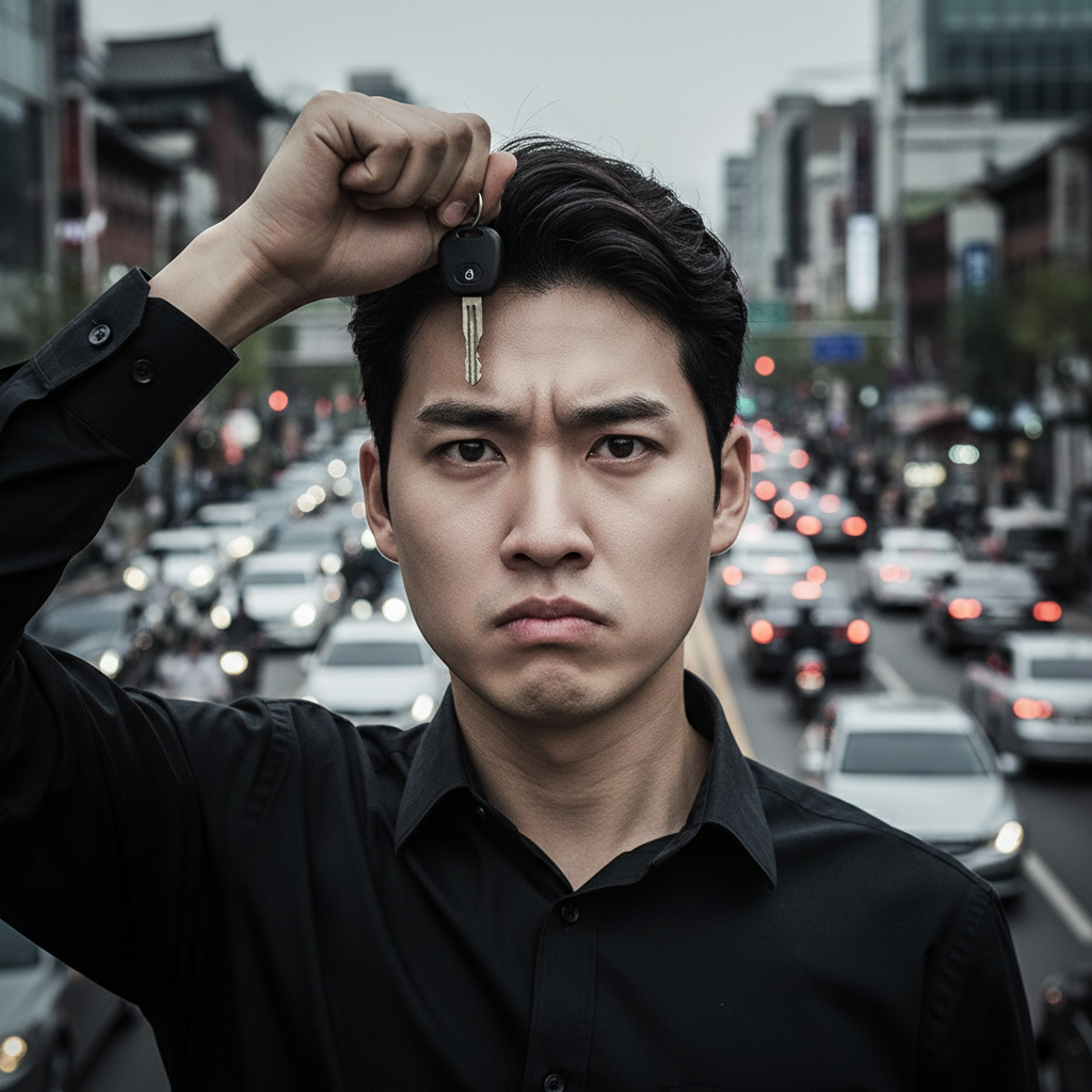 운전자가 복잡한 도로 상황에서 운전대 앞에서 불안해하는 모습 운전자가 복잡한 도로 상황에서 운전대 앞에서 불안해하는 모습