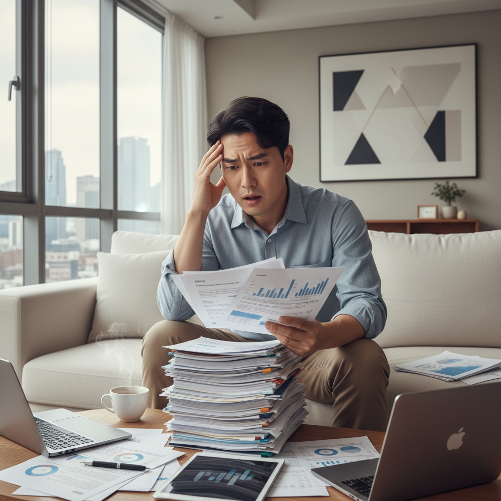 복잡한 생명보험 서류를 보며 걱정하는 사람