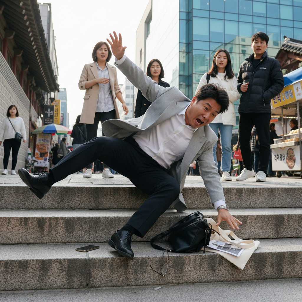 계단에서 미끄러져 놀란 표정의 사람, 상해보험가입의 필요성을 보여줌 계단에서 미끄러져 놀란 표정의 사람, 상해보험가입의 필요성을 보여줌