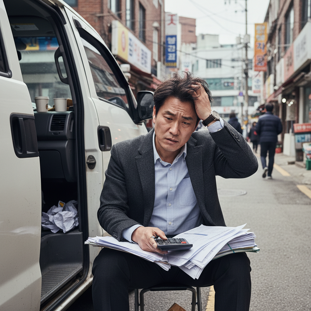 영업용 차량 앞에서 보험 서류를 보며 고민하는 사업가