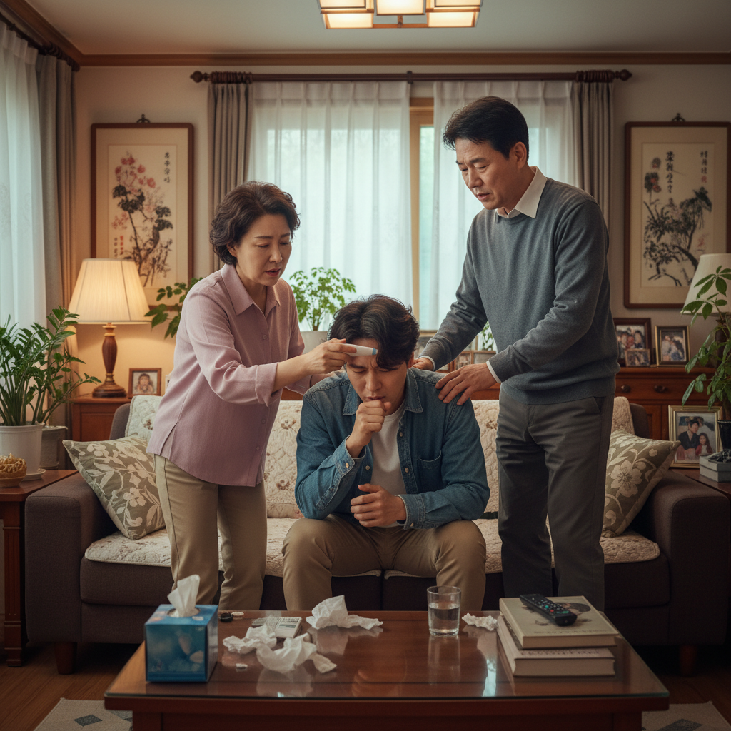 감기 걸린 아이와 걱정하는 가족의 모습