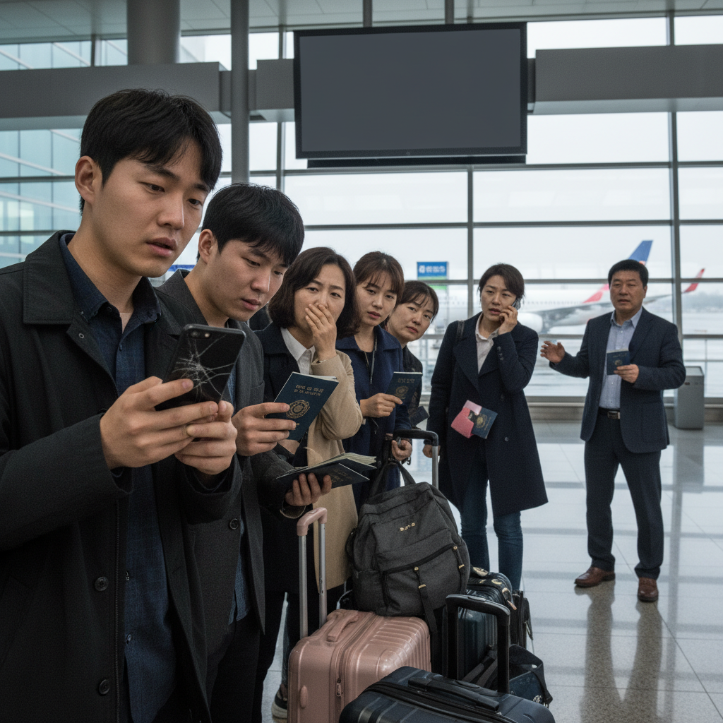 해외여행 중 발생할 수 있는 문제 상황에 대해 걱정하는 단체 여행객들 해외여행 중 발생할 수 있는 문제 상황에 대해 걱정하는 단체 여행객들