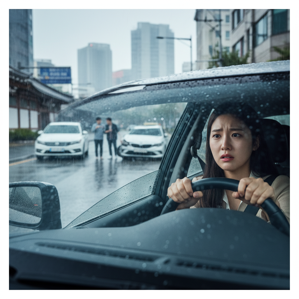 초보운전 중 사고로 당황하는 자녀의 모습