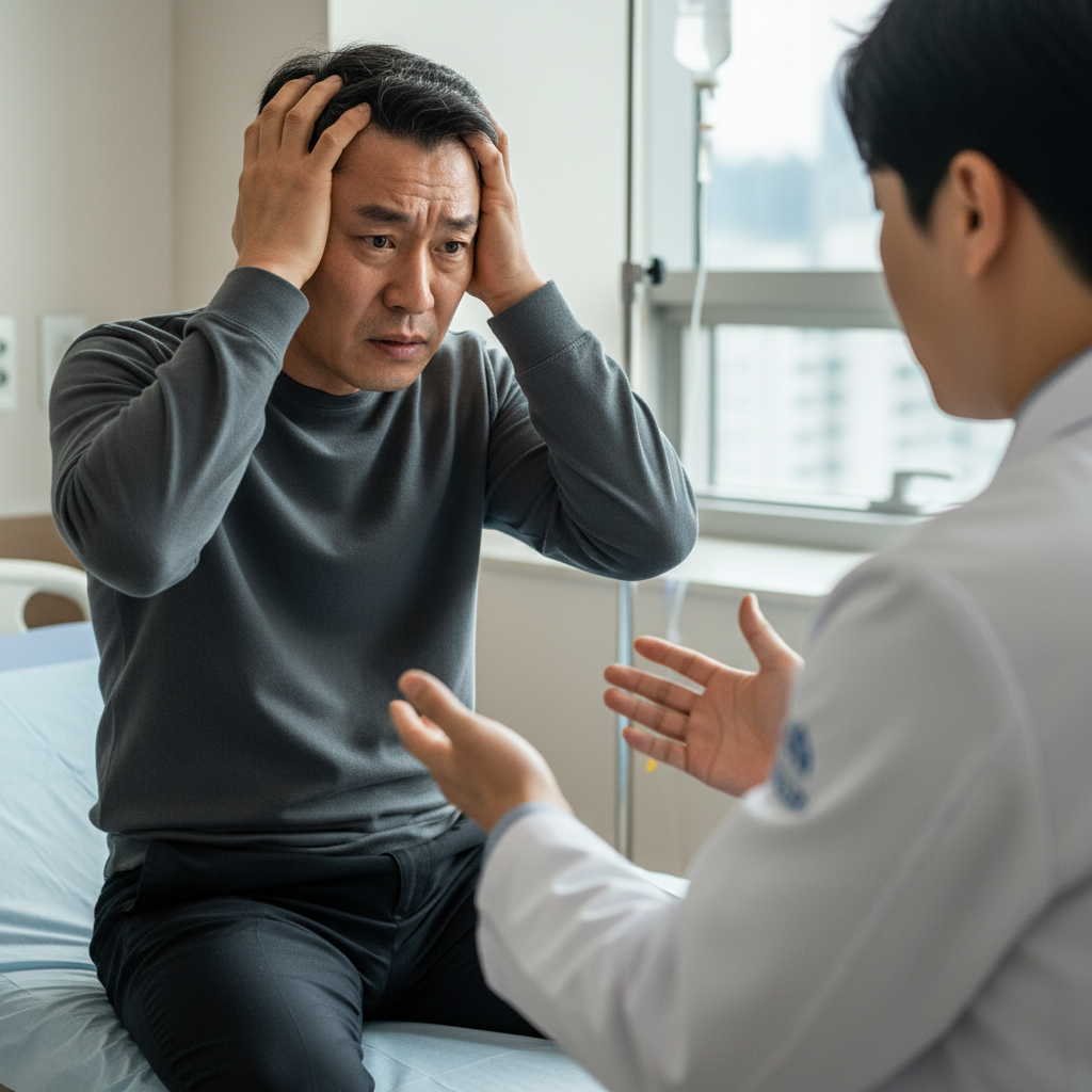 걱정스러운 표정의 남성이 뇌출혈 진단비 보험에 대해 고민하는 모습