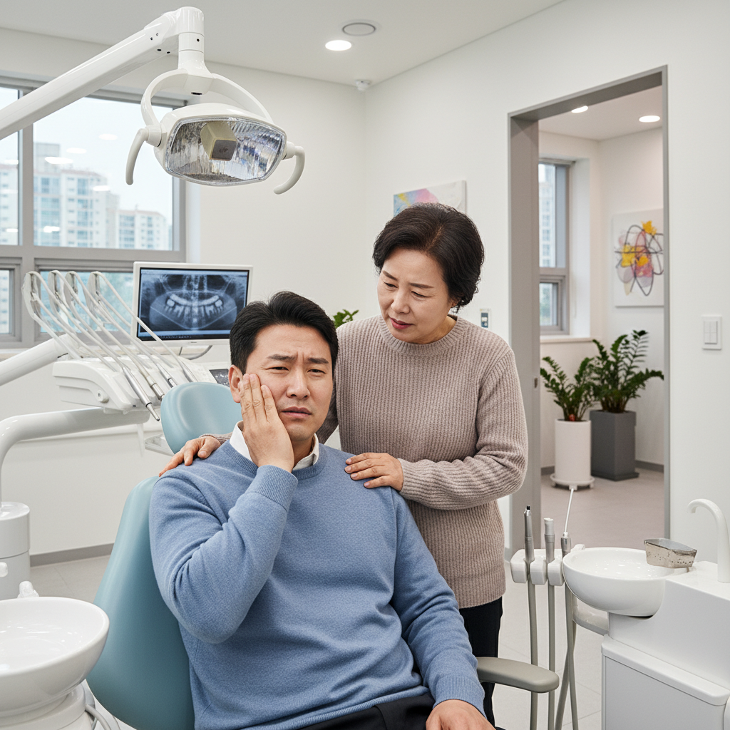 치과에서 치아 통증으로 힘들어하는 어린이와 걱정하는 부모 치과에서 치아 통증으로 힘들어하는 어린이와 걱정하는 부모