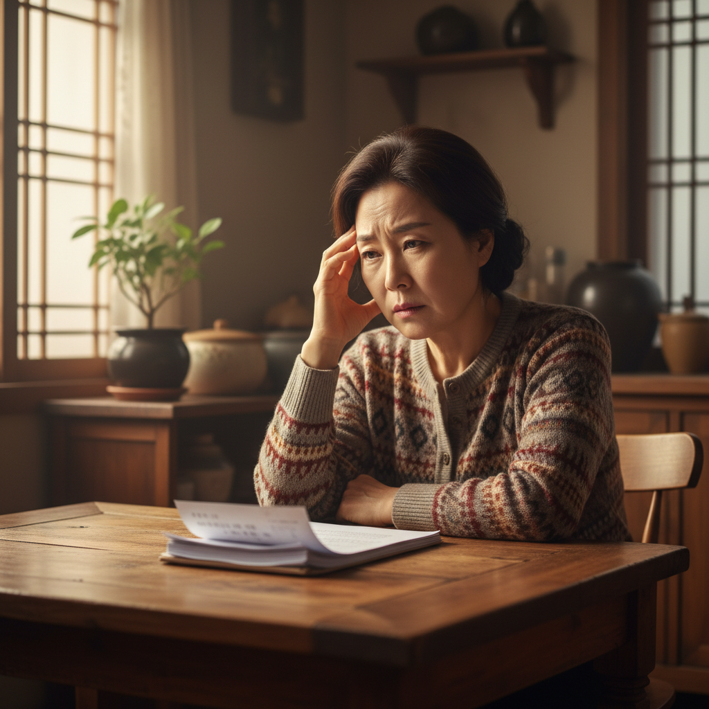 간병인비용에 대한 걱정으로 한숨 쉬는 중년 여성