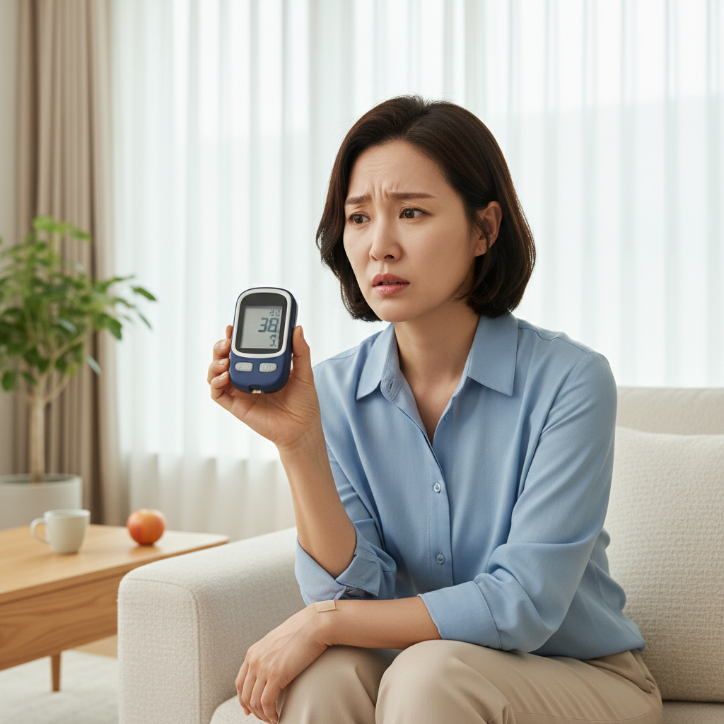 혈당 측정기를 보며 고민하는 여성