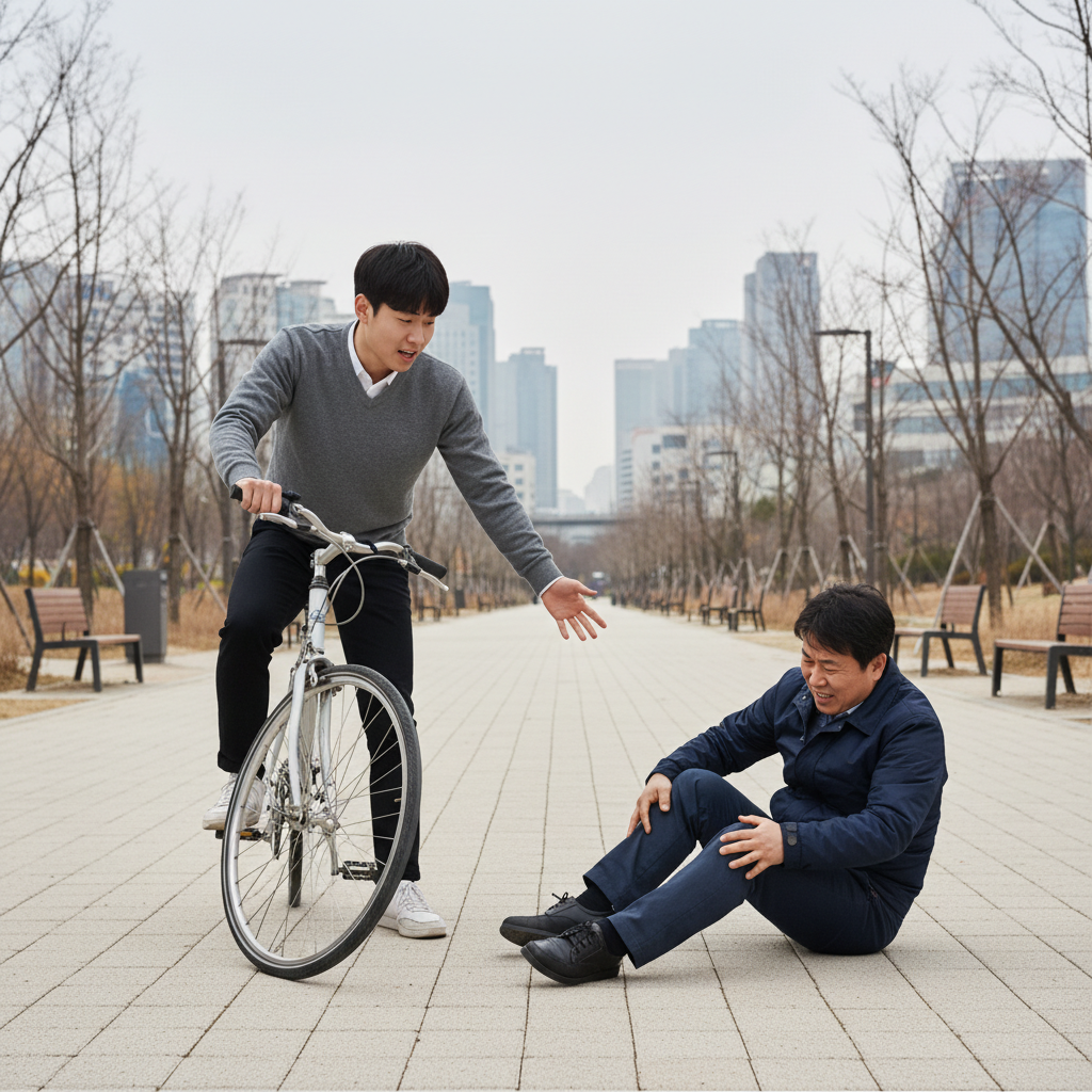 넘어진 자전거와 당황한 사람의 모습