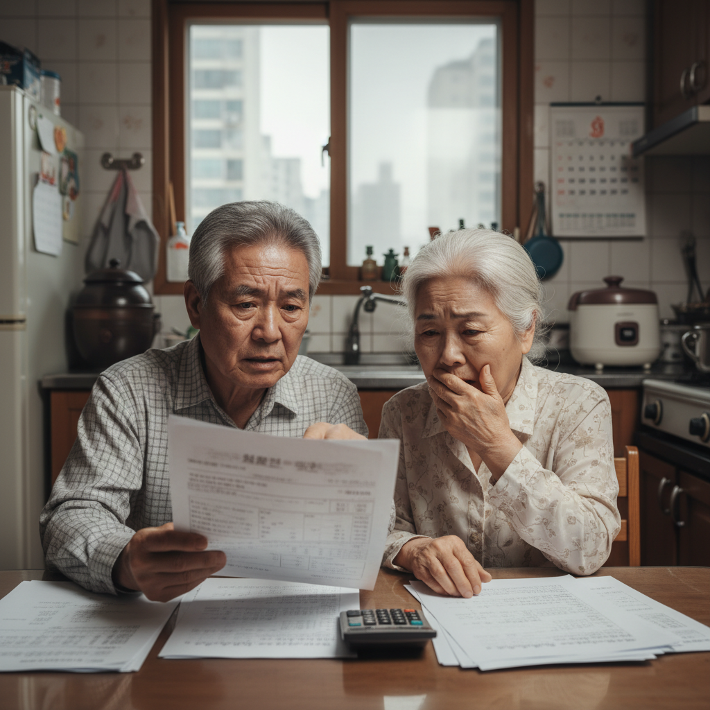 병원비 명세서를 보며 걱정하는 노부부의 모습