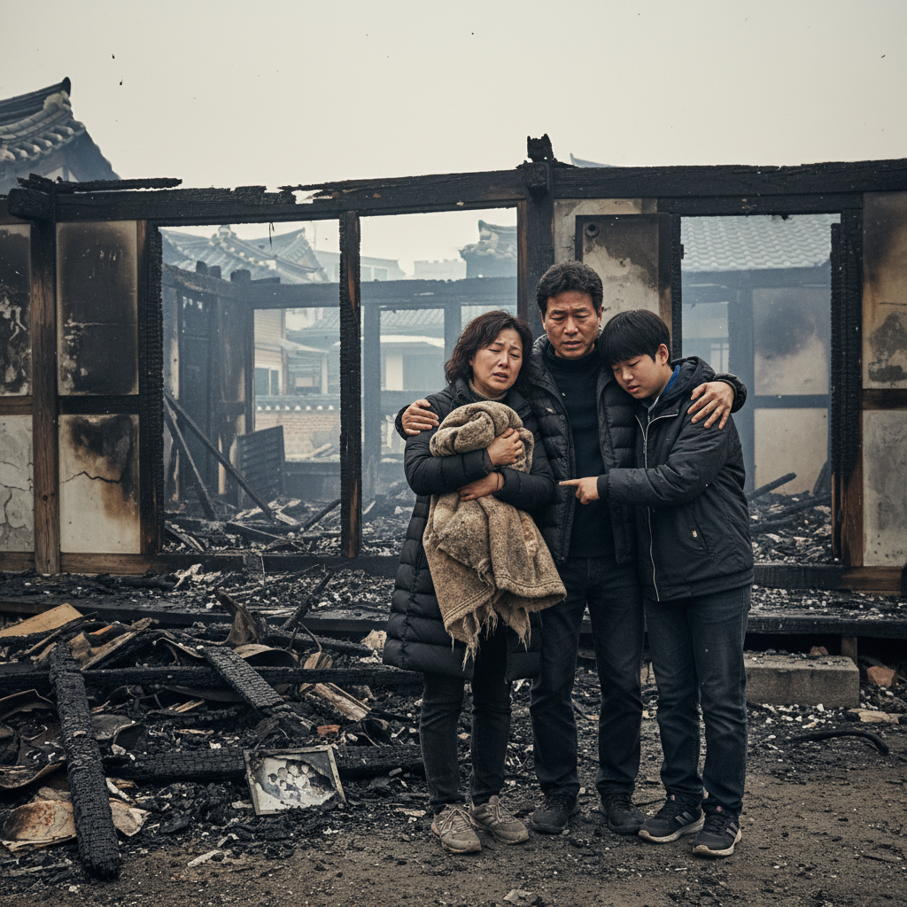 화재로 피해를 입은 건물과 걱정하는 가족의 모습 화재로 피해를 입은 건물과 걱정하는 가족의 모습