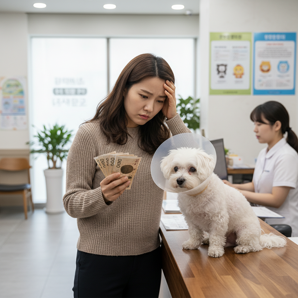 병원 진료비 청구서 앞에서 걱정하는 애완견 보호자