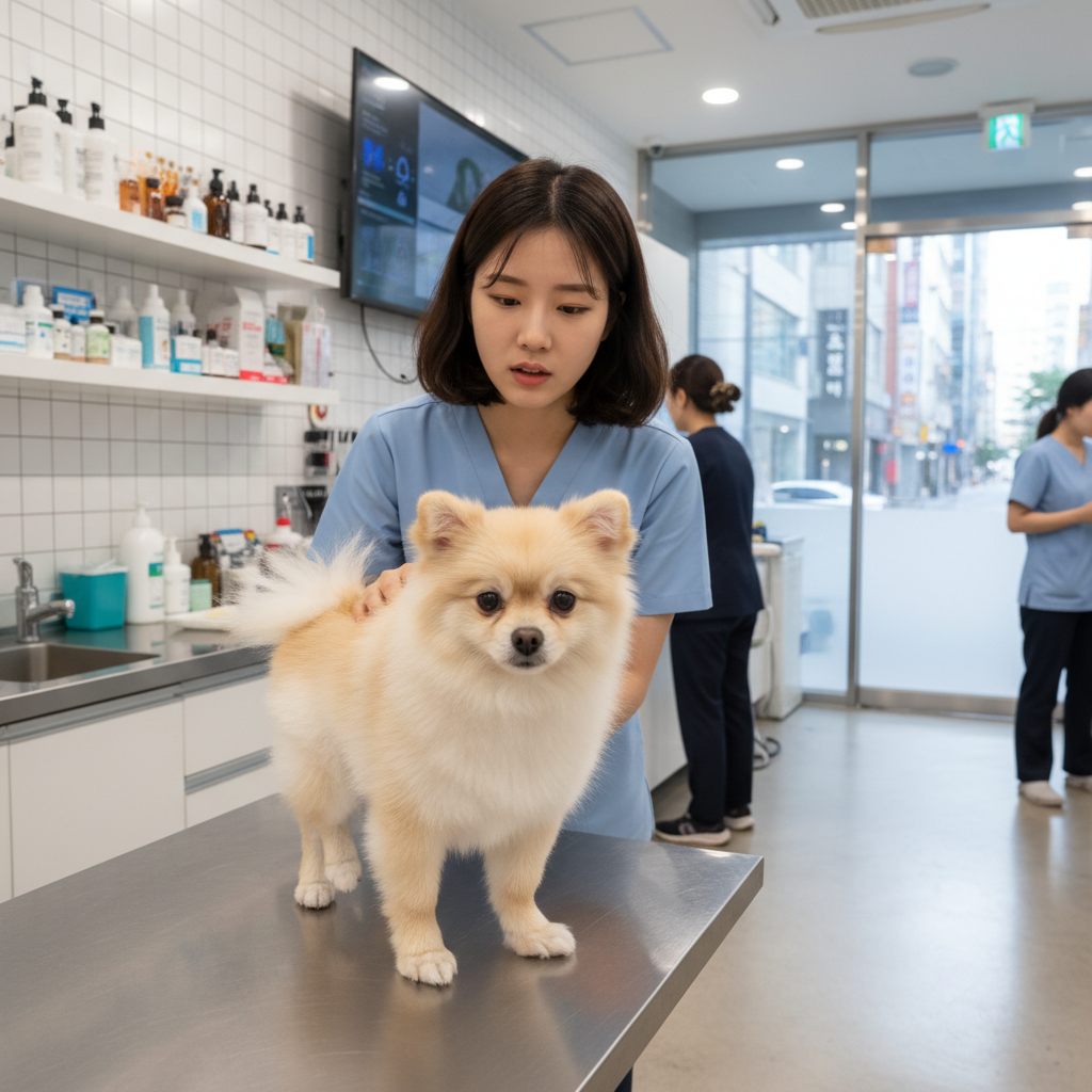 포메라니안 슬개골 탈구 증상을 보이는 강아지와 걱정하는 보호자
