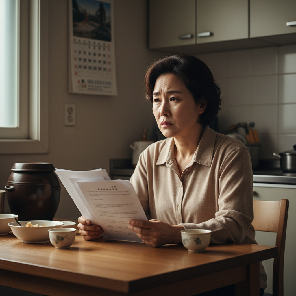 서류를 보며 걱정하는 기초생활수급자 여성