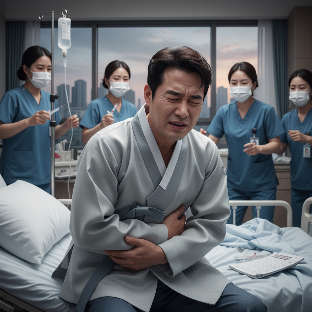 맹장수술비용 걱정하며 복통을 호소하는 젊은 남성