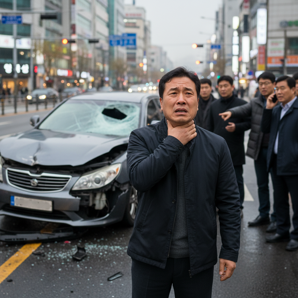 경미한 교통사고 후 목을 잡고 걱정하는 사람 (자동차사고부상발생금 관련)