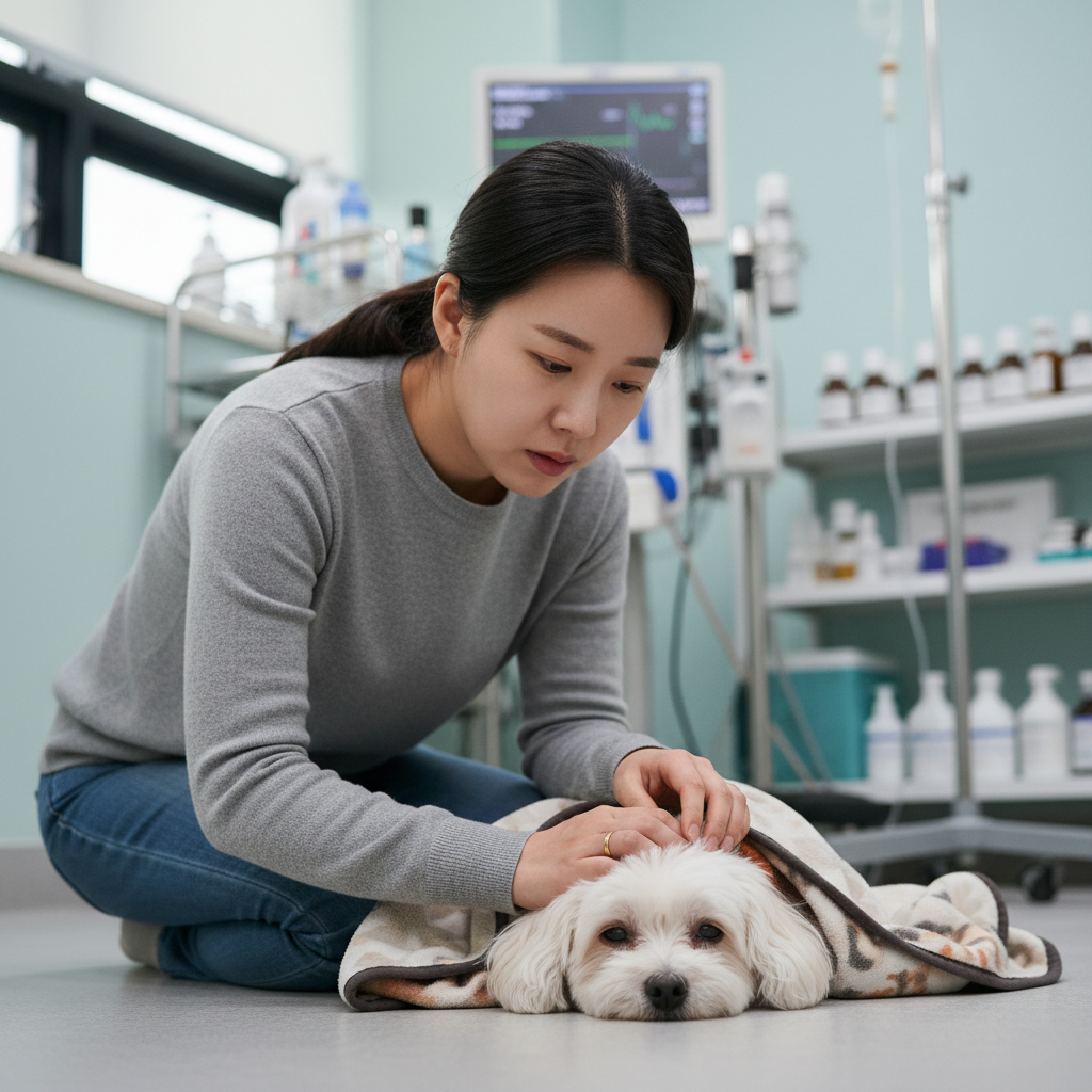병원에 있는 아픈 강아지를 걱정스럽게 바라보는 보호자, 애견보험추천의 필요성 병원에 있는 아픈 강아지를 걱정스럽게 바라보는 보호자, 애견보험추천의 필요성