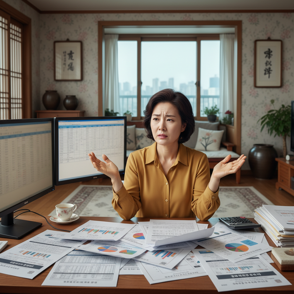 여러 연금 서류를 보고 혼란스러워하는 여성의 모습