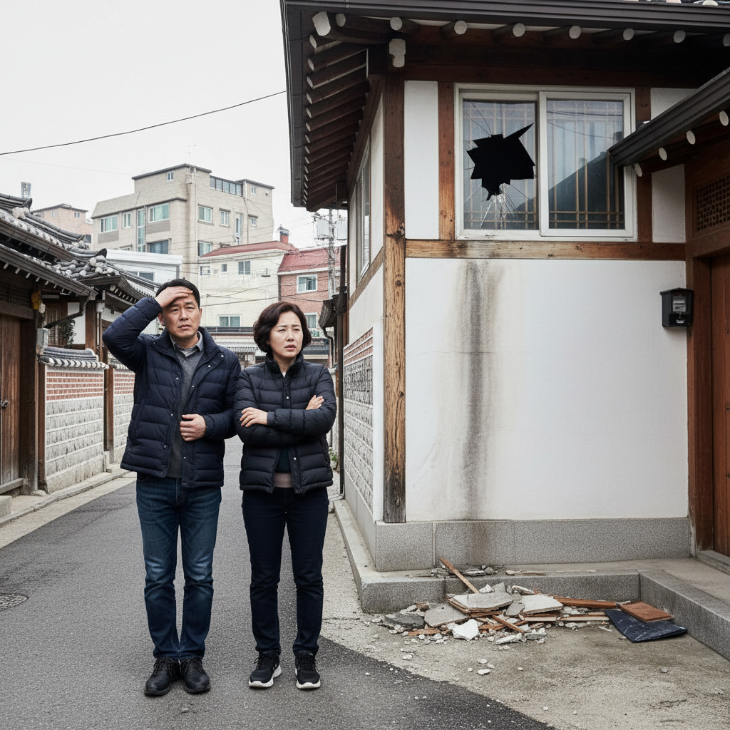 뜻밖의 주택 재산피해로 걱정하는 한국인 부부