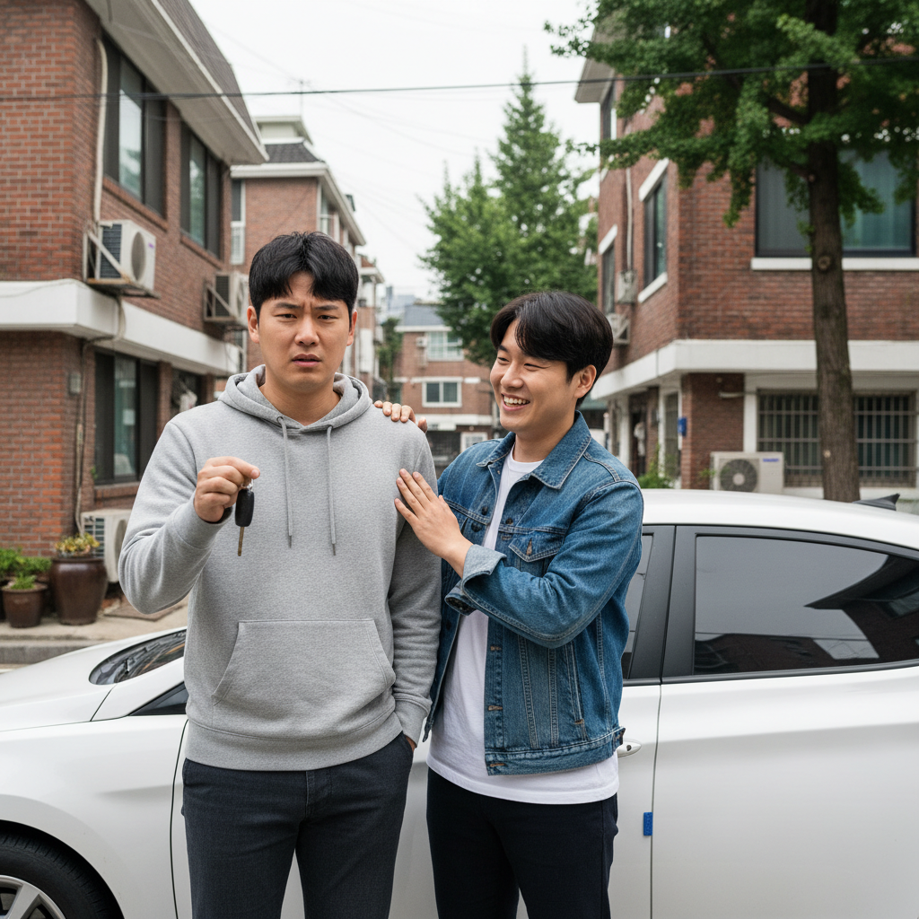 친구 차 빌리면서 자동차일일보험가입 고민하는 모습 친구 차 빌리면서 자동차일일보험가입 고민하는 모습