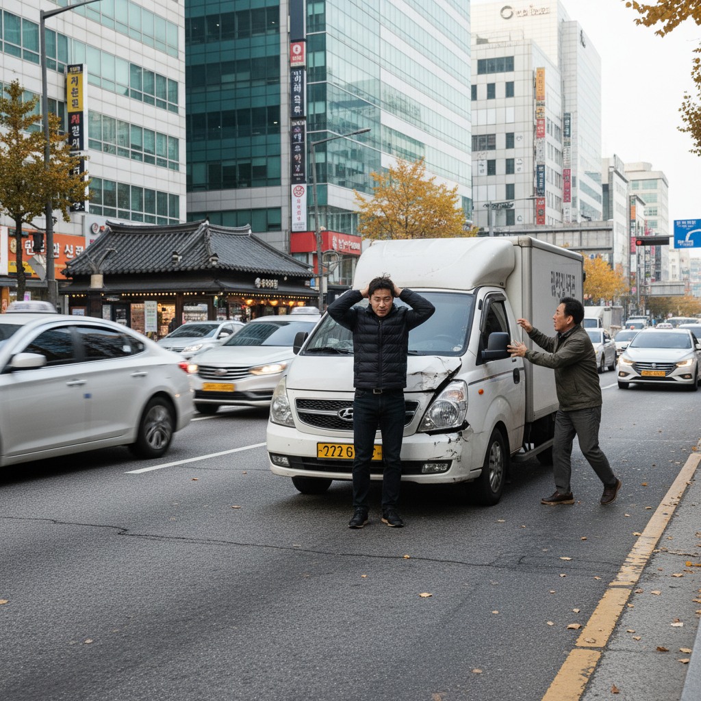 사고로 난감해하는 영업용 차량 운전자와 영업용운전자보험비교사이트