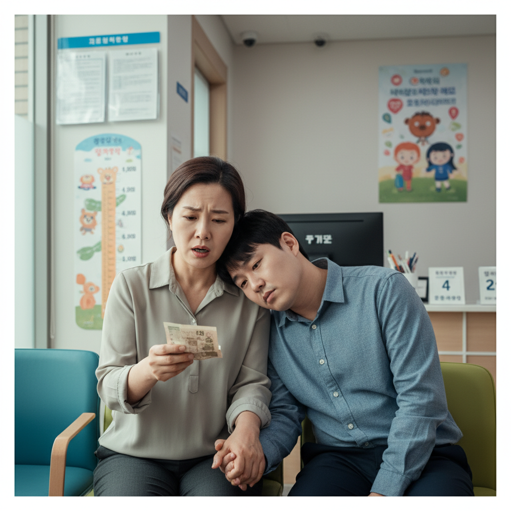 병원 진료 후 걱정하는 부모와 아기실비 병원 진료 후 걱정하는 부모와 아기실비