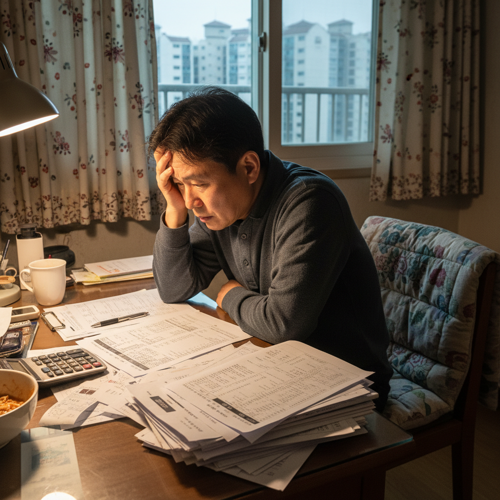 의료비와 복잡한 보험계약 서류를 보며 걱정하는 한국인 의료비와 복잡한 보험계약 서류를 보며 걱정하는 한국인