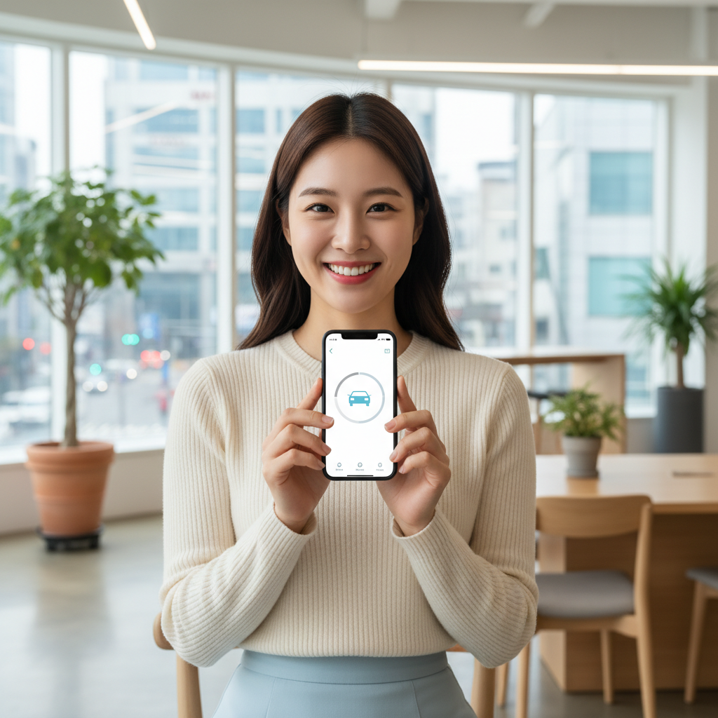 스마트폰으로 1일자동차보험당일 가입하는 여성 스마트폰으로 1일자동차보험당일 가입하는 여성