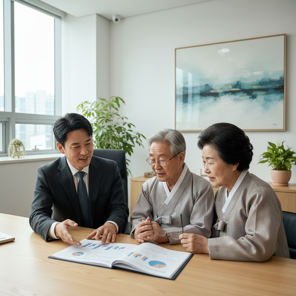 전문가와 100세보험 상담받는 노부부