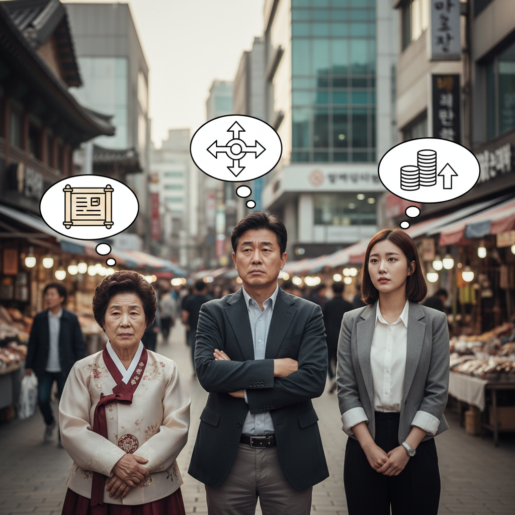 다양한 연령대의 사람들이 실비보험에 대해 고민하는 모습, 세대별 실비보험의 중요성