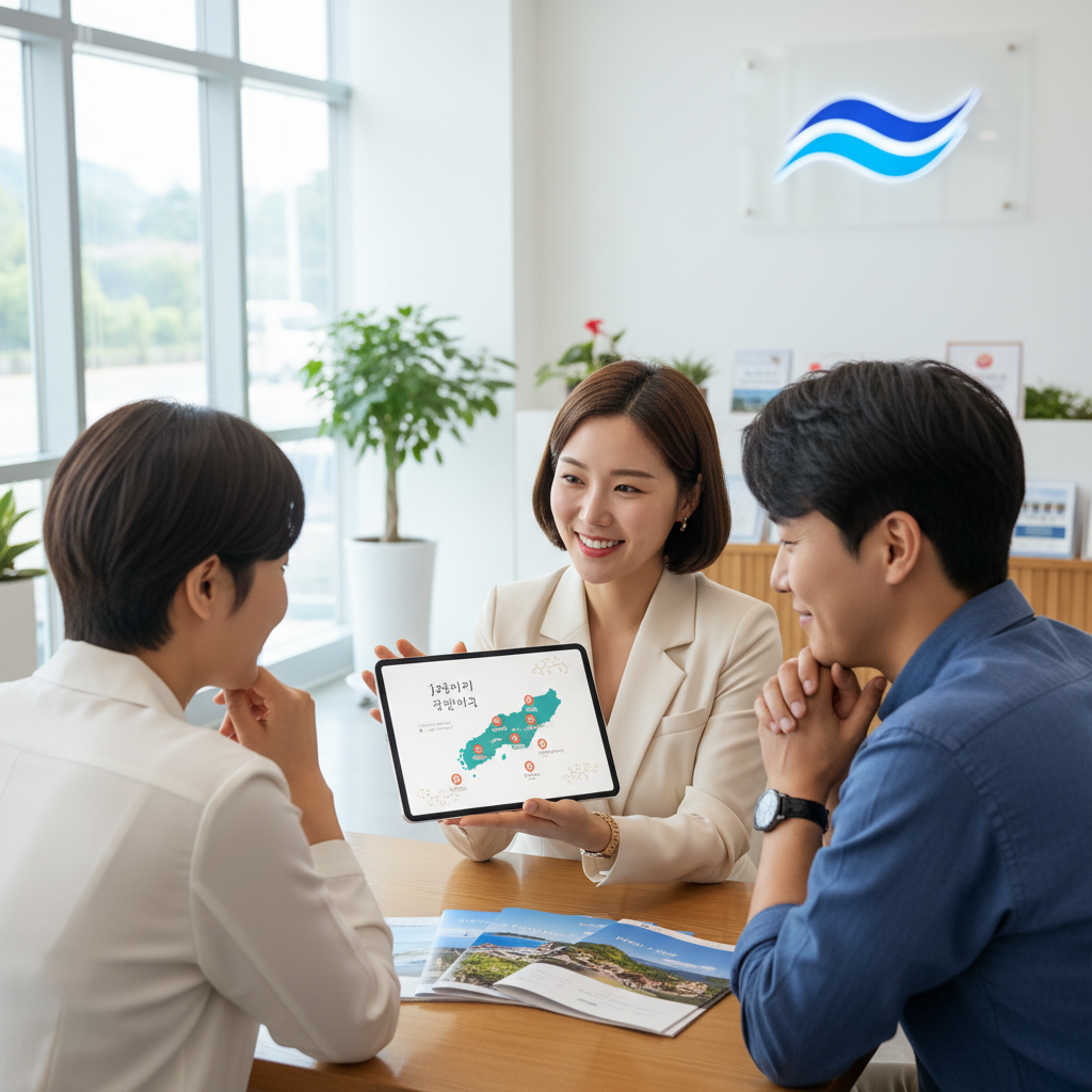제주도여행보험에 대해 상담받는 한국인 부부의 모습