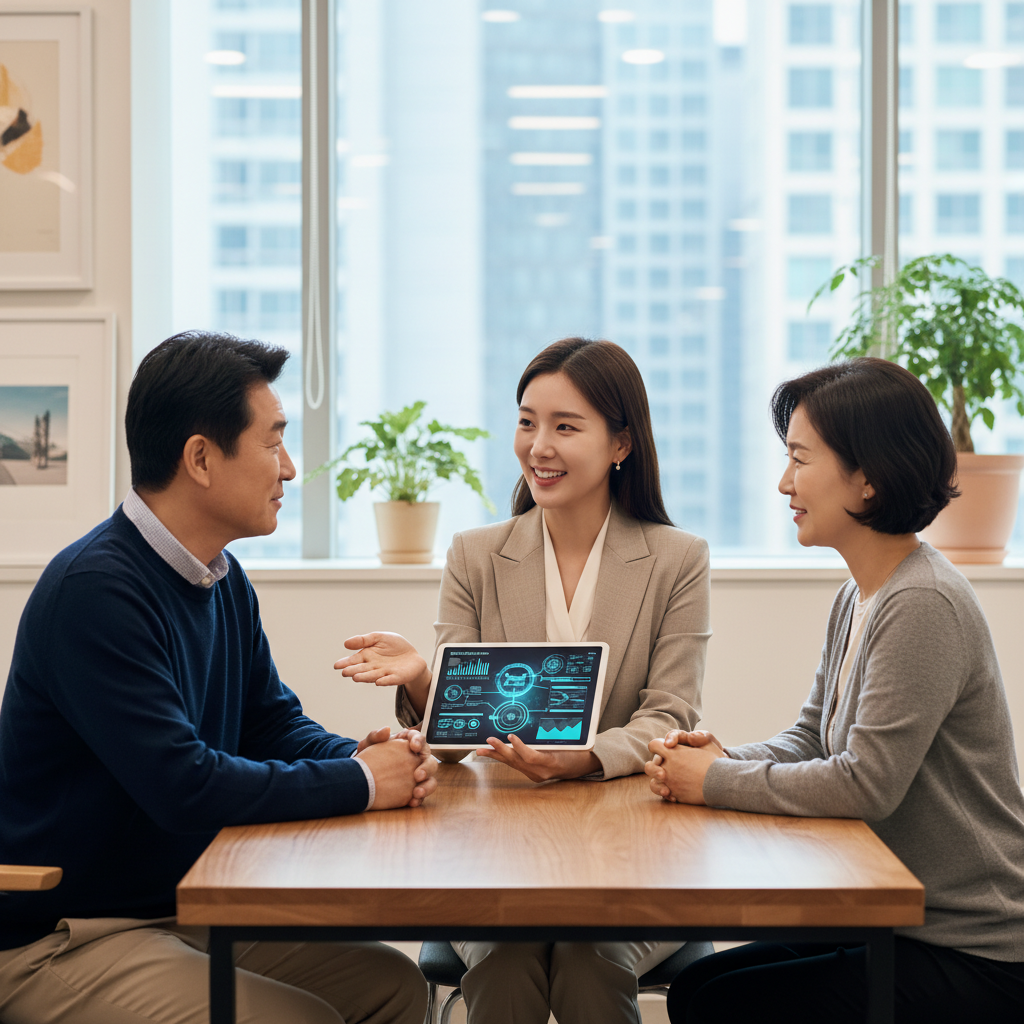 전문가에게 롯데손해보험암보험 상담받는 한국인 부부