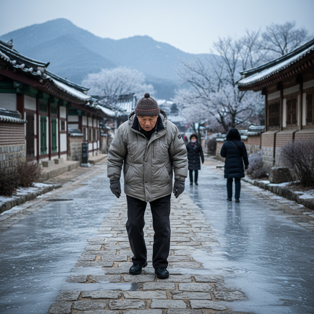 빙판길을 조심스럽게 걷는 어르신