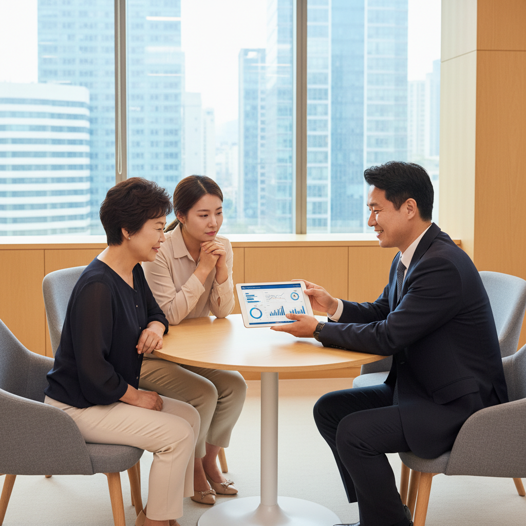 전문가와 함께 부모님보험가입 상담받는 가족 전문가와 함께 부모님보험가입 상담받는 가족