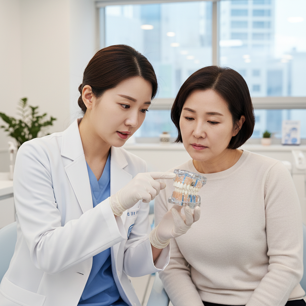 치조골이식 상담을 받는 한국인 여성과 치과 의사 치조골이식 상담을 받는 한국인 여성과 치과 의사