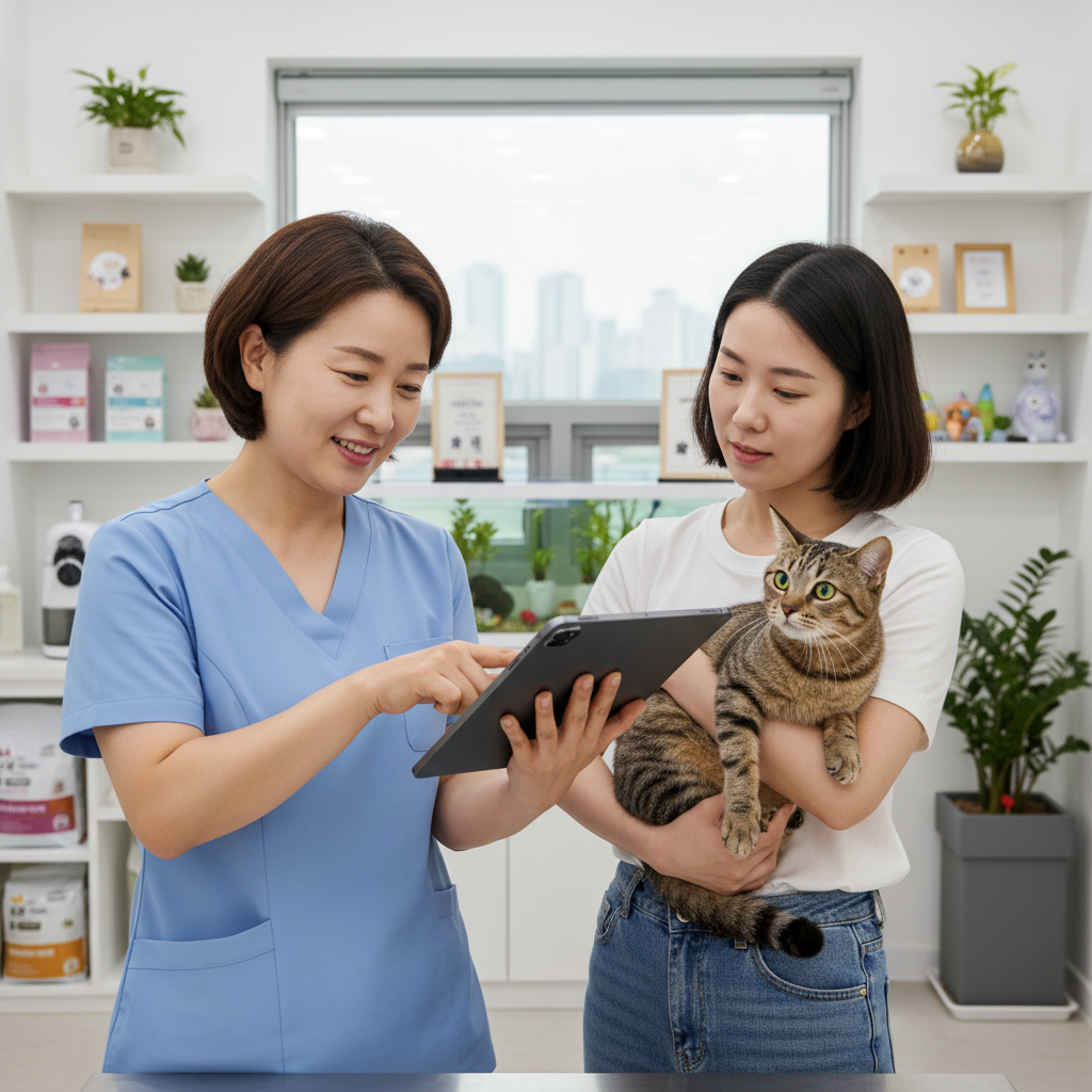 수의사와 펫보험 상담하는 보호자와 고양이