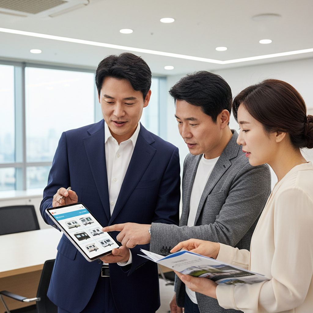 카라반보험 서류를 태블릿으로 설명하는 보험 전문가와 경청하는 한국인 부부 카라반보험 서류를 태블릿으로 설명하는 보험 전문가와 경청하는 한국인 부부