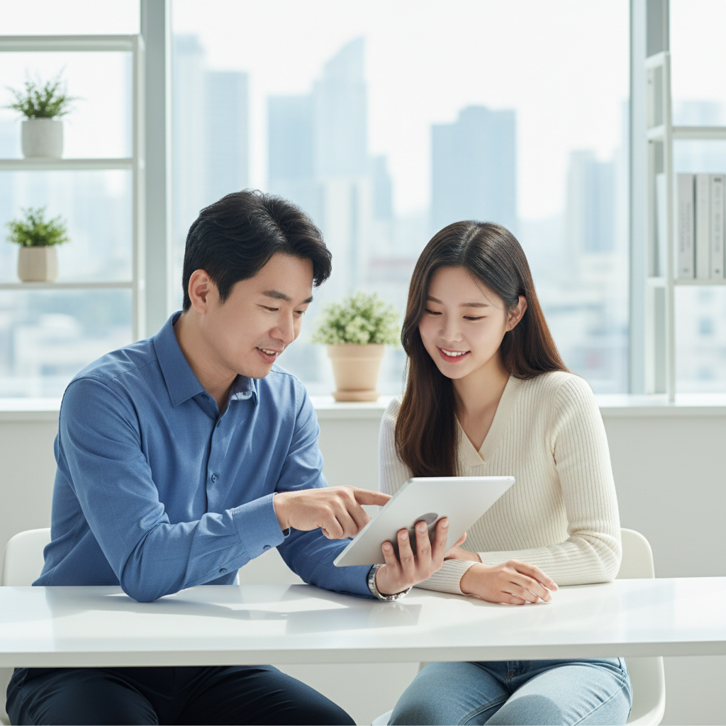해외유학보험 전문가와 상담하는 한국인 유학생