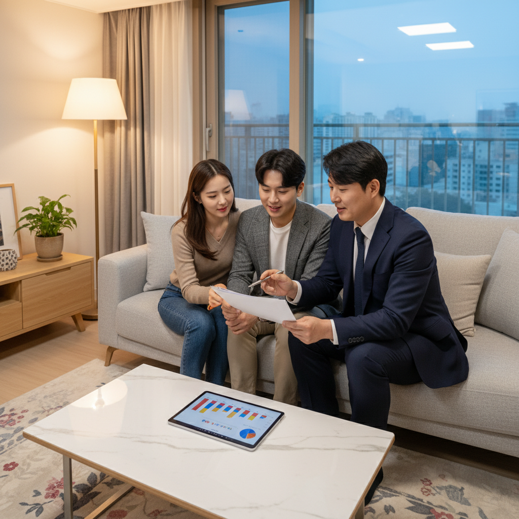 아파트누수보험추천 상품을 비교 설명하는 보험 전문가와 상담하는 부부 아파트누수보험추천 상품을 비교 설명하는 보험 전문가와 상담하는 부부