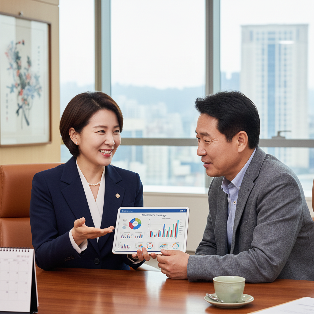 퇴직연금 전문가와 상담하는 중년 남성