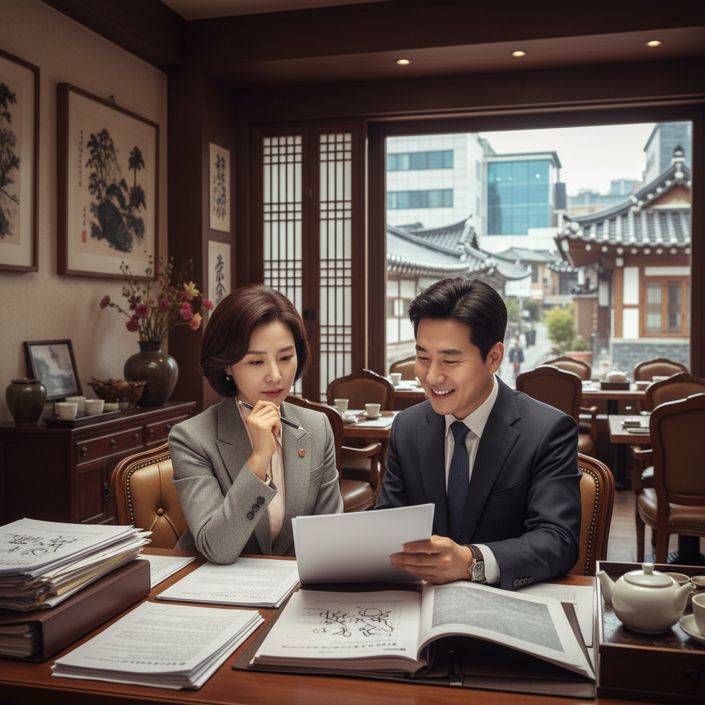보험 전문가와 상담하며 음식점재난배상책임보험을 꼼꼼히 검토하는 음식점 사장님