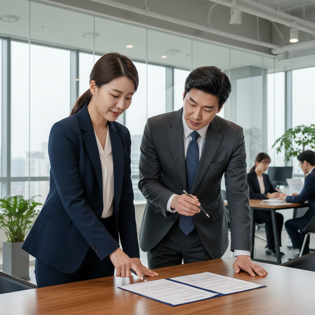 보험 서류를 보며 상담하는 기업인과 보험 전문가
