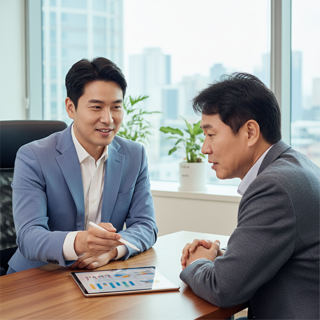 보험 전문가와 고혈압환자가 상담하는 모습 보험 전문가와 고혈압환자가 상담하는 모습