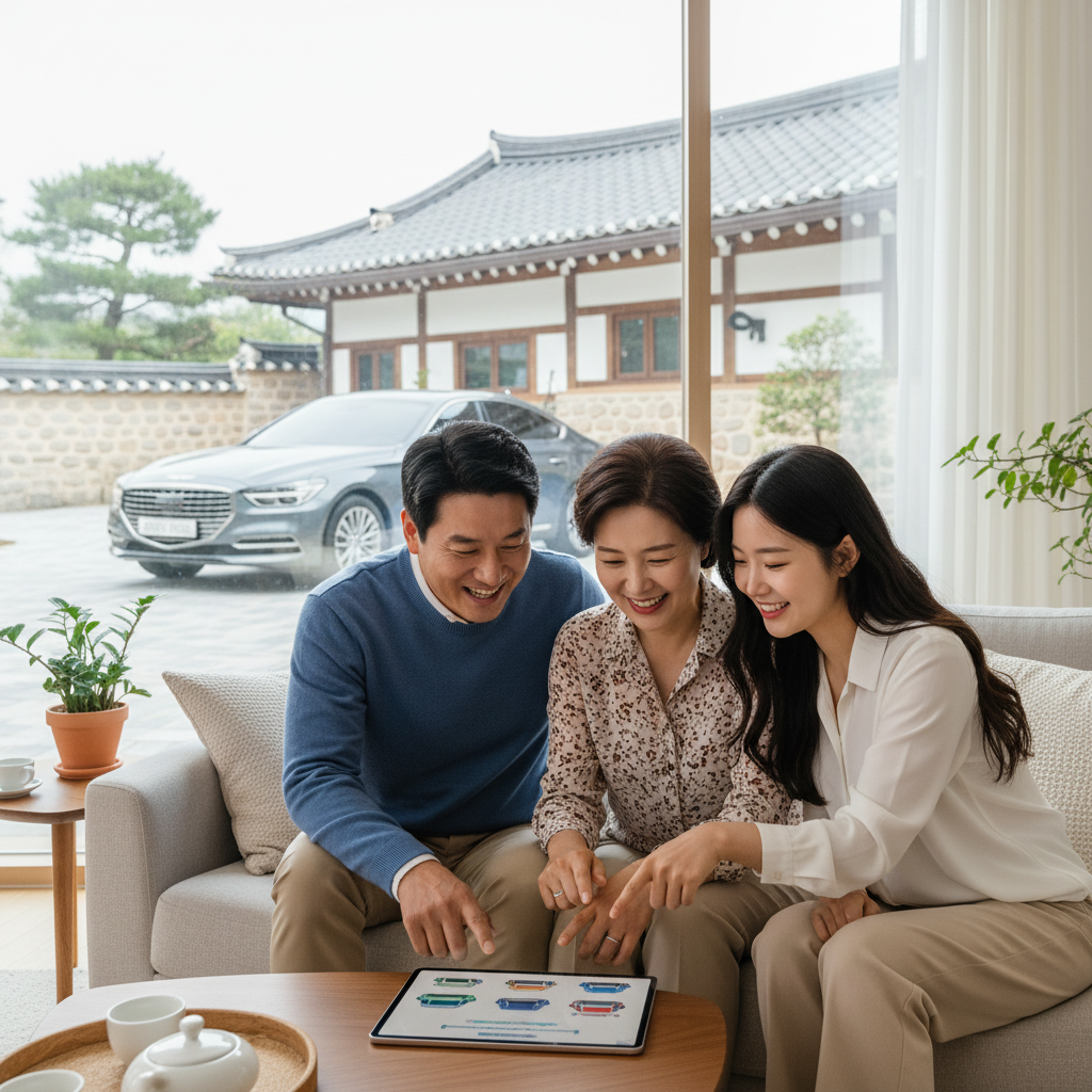자동차보험가입기간을 상담하며 태블릿을 보는 한국인 가족
